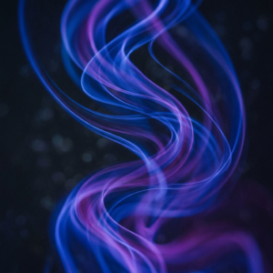 Curved neon light trails in blue and purple on a dark background